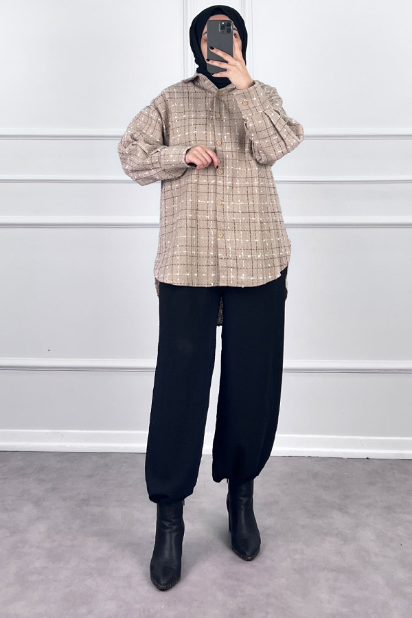 Arkası Uzun Tüvit Gömlek - Vizon Arkası Uzun Tüvit Gömlek - Vizon