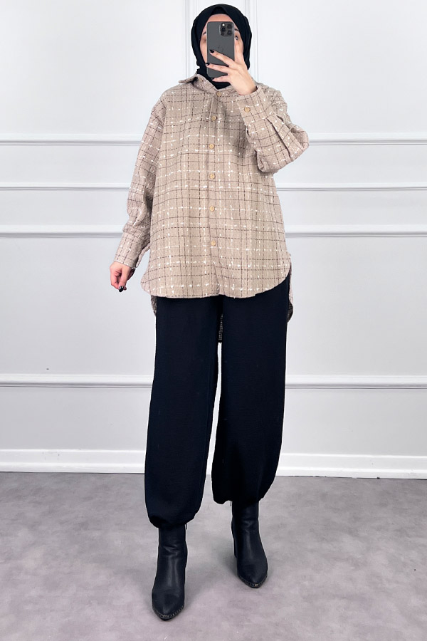 Arkası Uzun Tüvit Gömlek - Vizon Arkası Uzun Tüvit Gömlek - Vizon