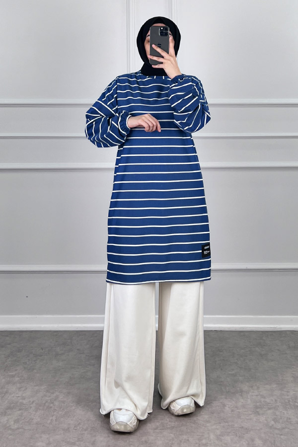 Armalı Çizgili Tunik - Mavi