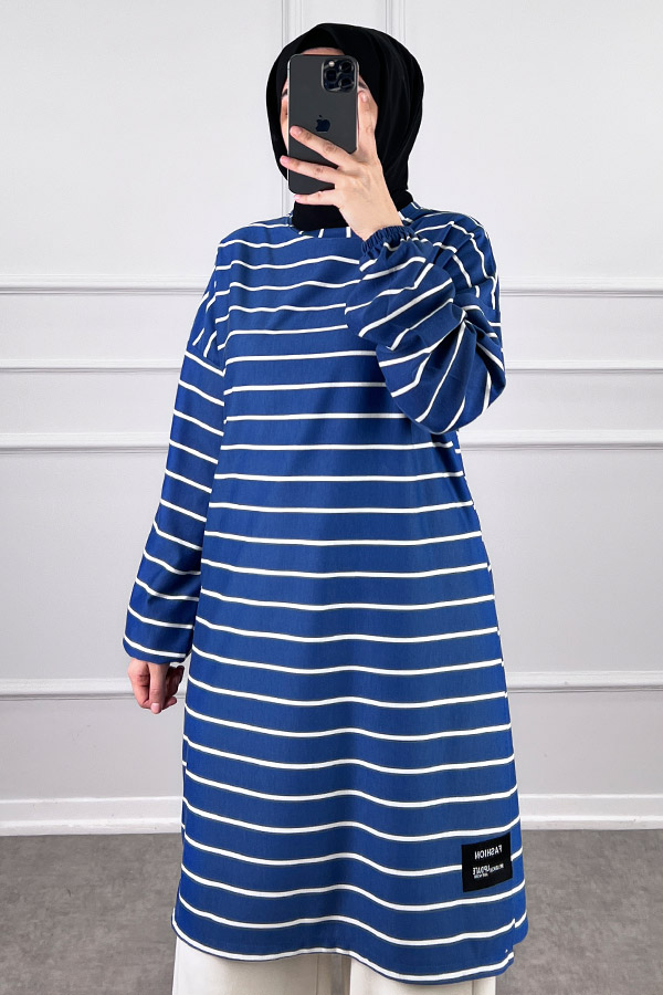 Armalı Çizgili Tunik - Mavi