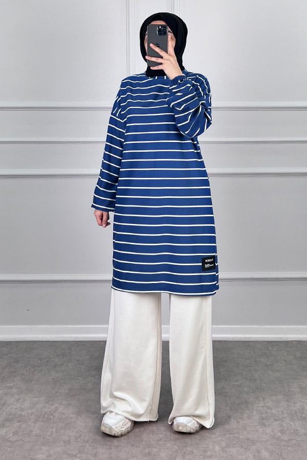 Armalı Çizgili Tunik - Mavi