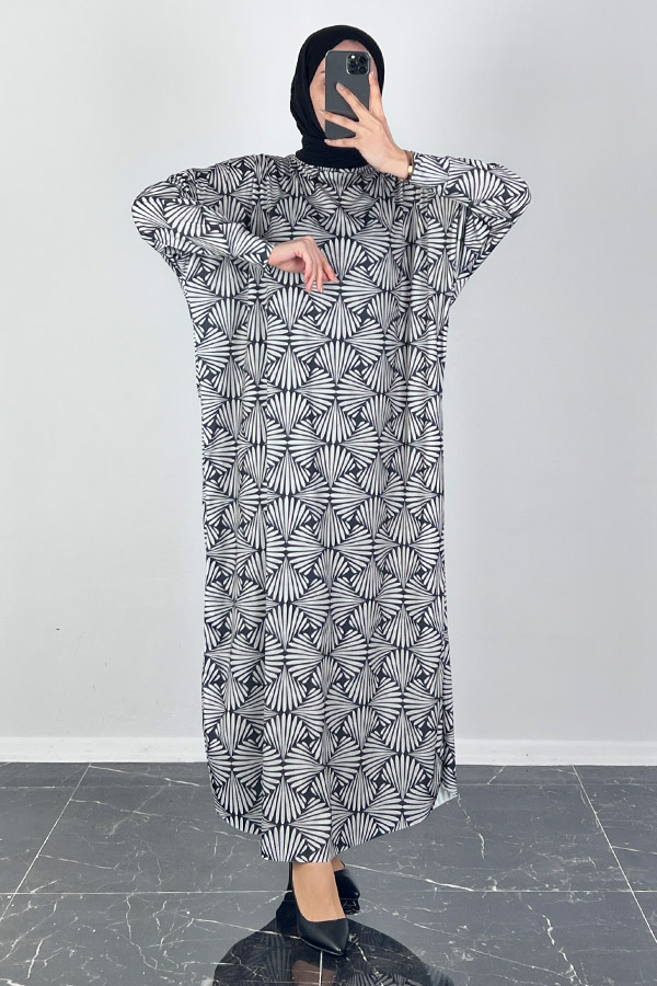 Astra Desenli Yarasa Kol Elbise - Beyaz Astra Desenli Yarasa Kol Elbise - Beyaz