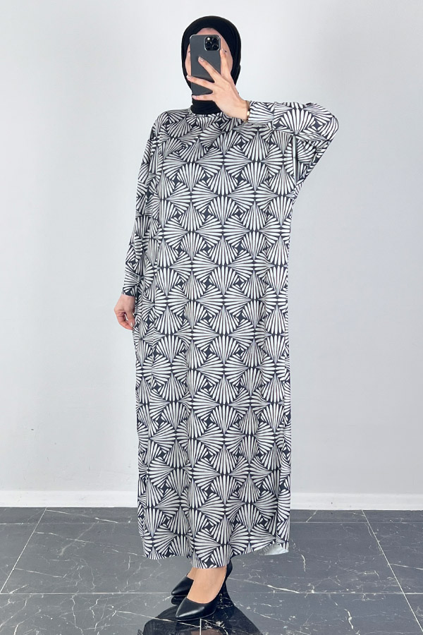 Astra Desenli Yarasa Kol Elbise - Beyaz Astra Desenli Yarasa Kol Elbise - Beyaz