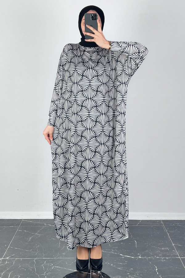 Astra Desenli Yarasa Kol Elbise - Beyaz Astra Desenli Yarasa Kol Elbise - Beyaz