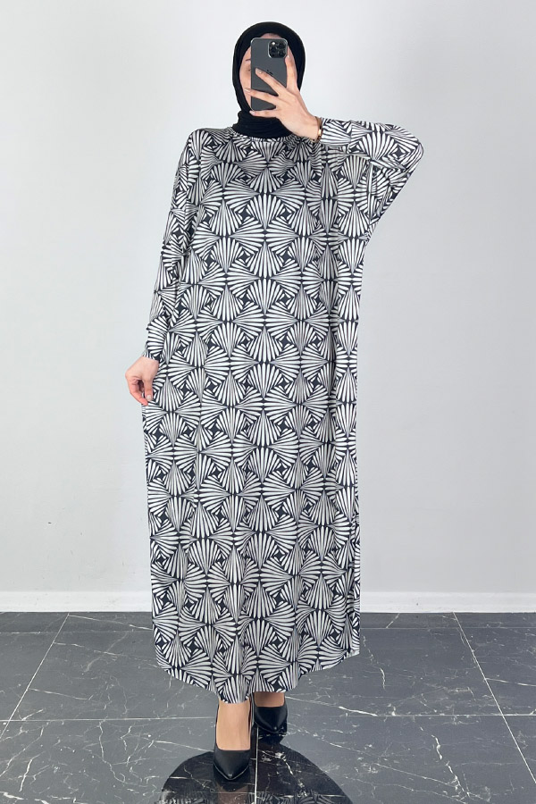 Astra Desenli Yarasa Kol Elbise - Beyaz Astra Desenli Yarasa Kol Elbise - Beyaz