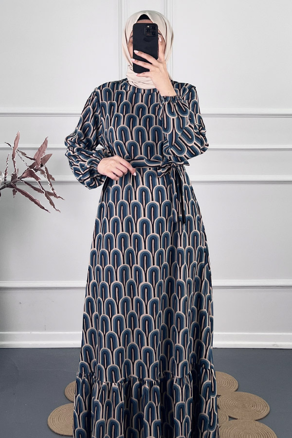 Baskılı Krep Kumaş Elbise - Mavi