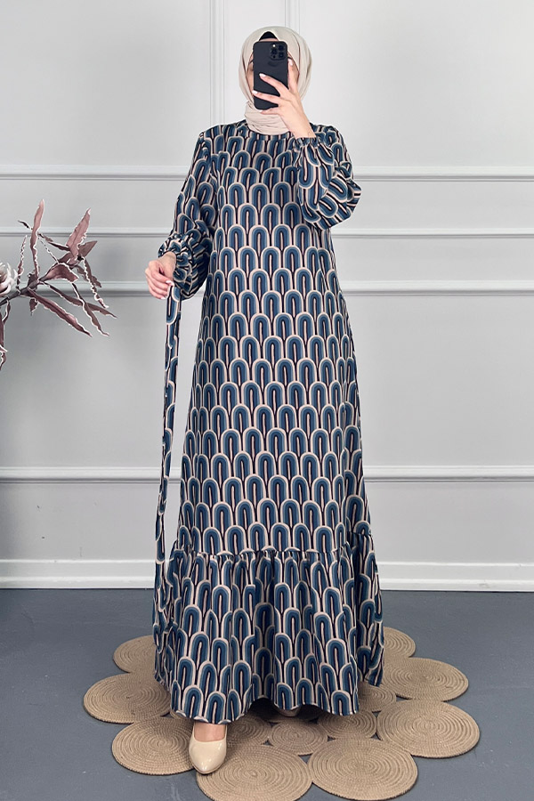 Baskılı Krep Kumaş Elbise - Mavi