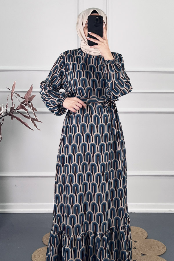 Baskılı Krep Kumaş Elbise - Mavi