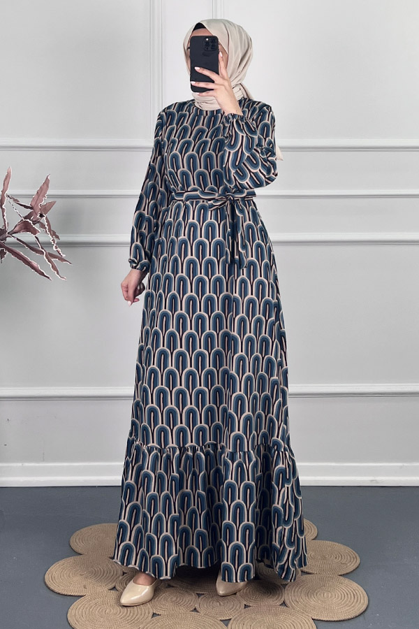 Baskılı Krep Kumaş Elbise - Mavi