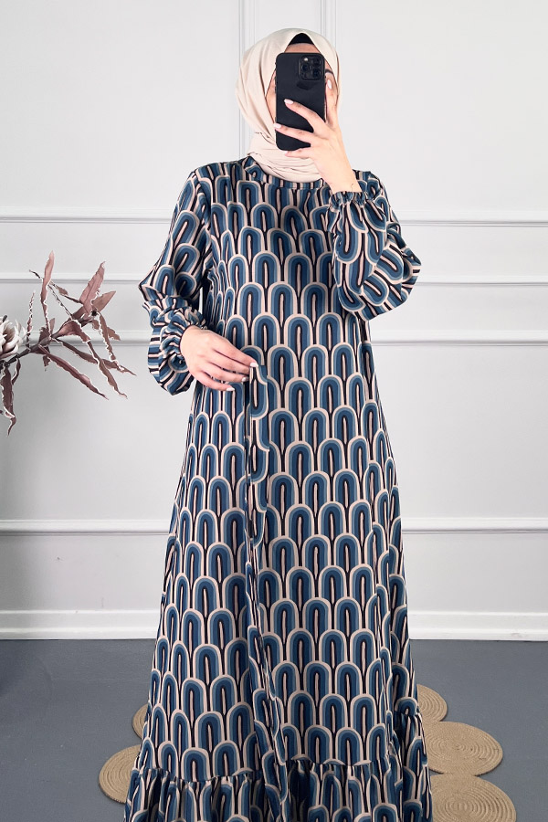 Baskılı Krep Kumaş Elbise - Mavi