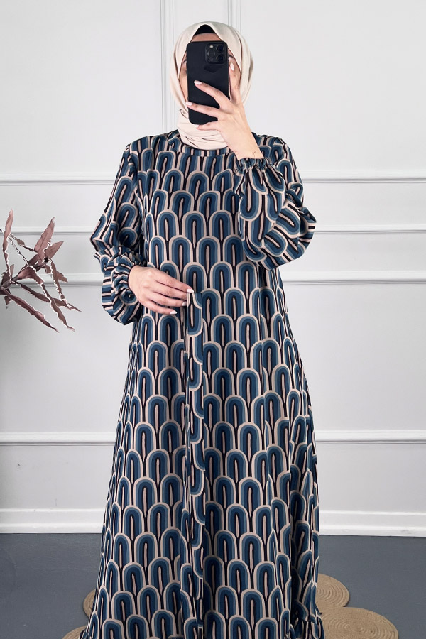 Baskılı Krep Kumaş Elbise - Mavi