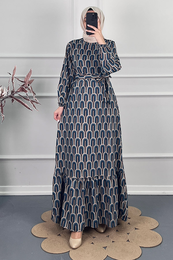 Baskılı Krep Kumaş Elbise - Mavi