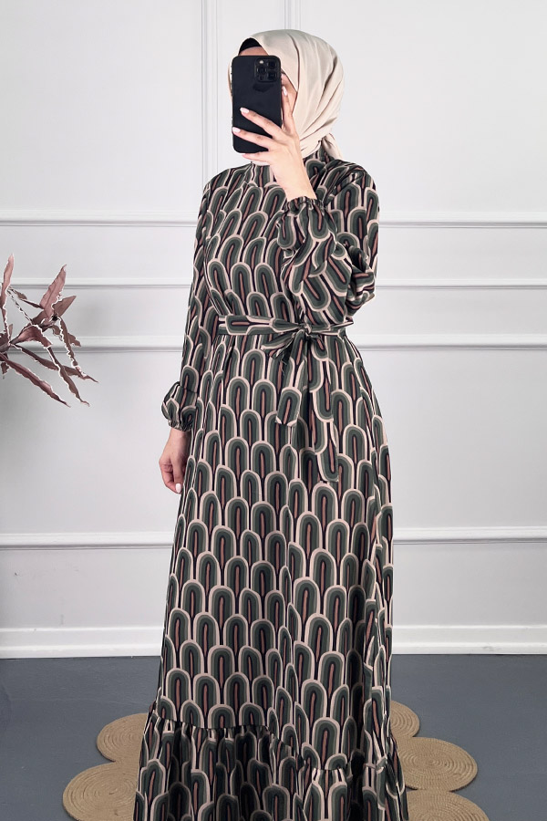 Baskılı Krep Kumaş Elbise - Yeşil