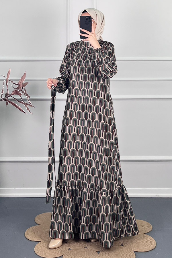 Baskılı Krep Kumaş Elbise - Yeşil