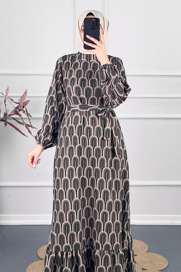 Baskılı Krep Kumaş Elbise - Yeşil