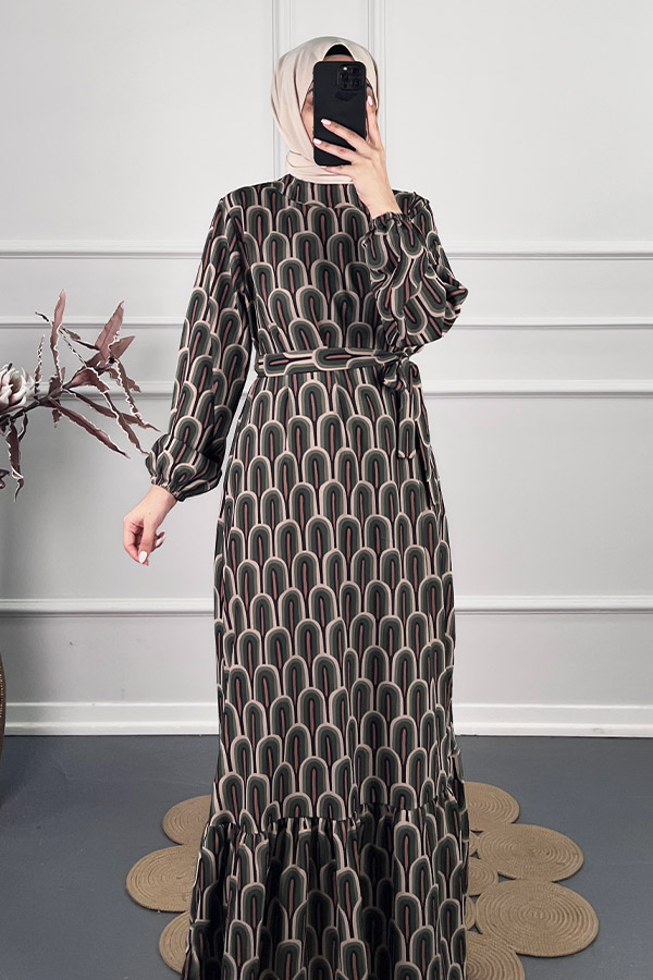 Baskılı Krep Kumaş Elbise - Yeşil