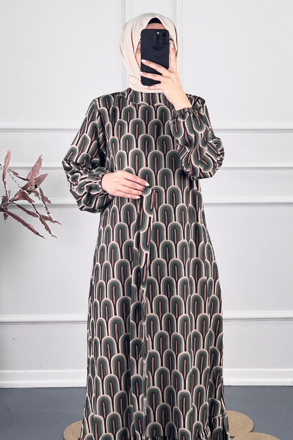 Baskılı Krep Kumaş Elbise - Yeşil