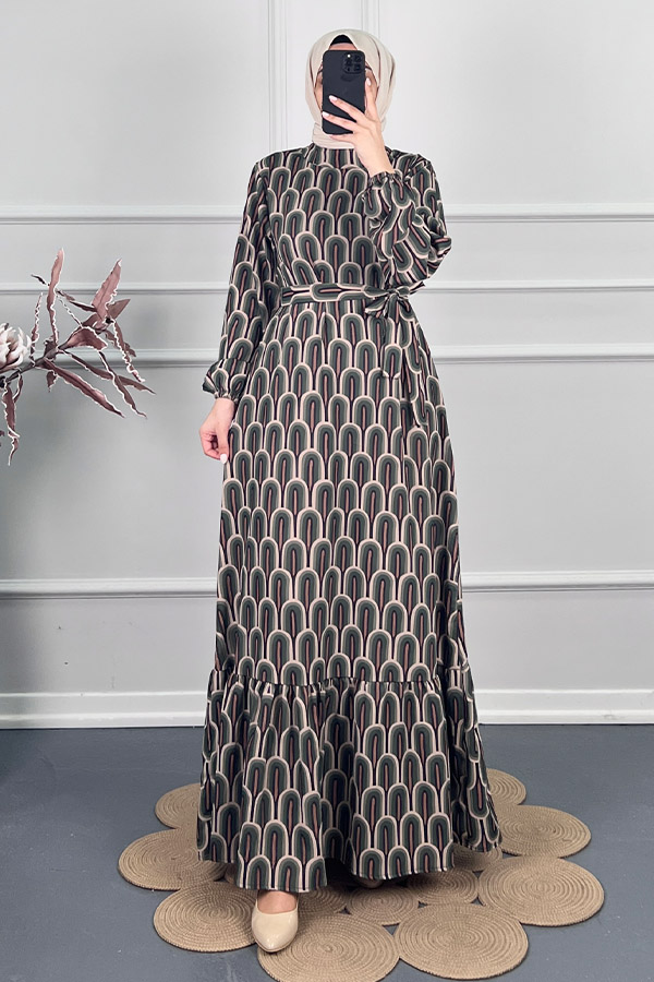 Baskılı Krep Kumaş Elbise - Yeşil