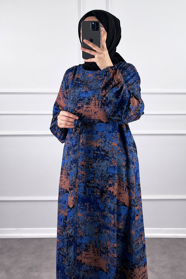 Batik Desenli Elbise - Mavi