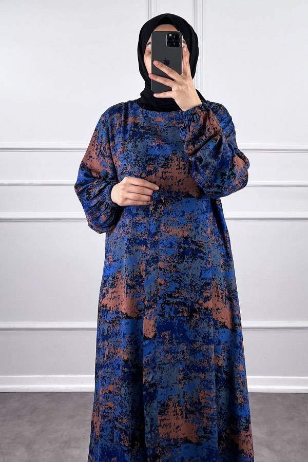 Batik Desenli Elbise - Mavi