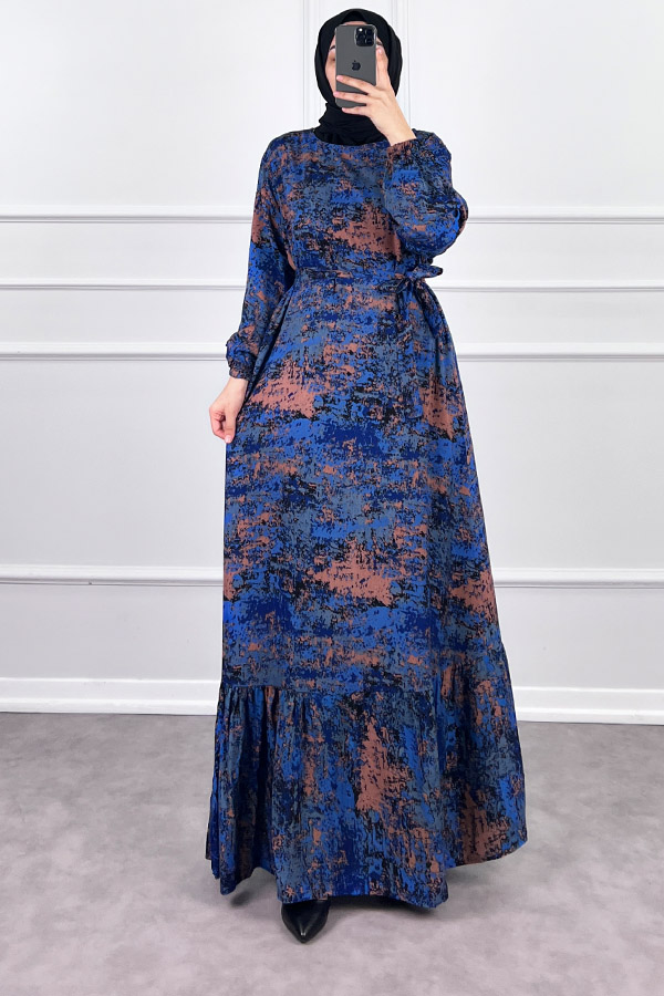 Batik Desenli Elbise - Mavi