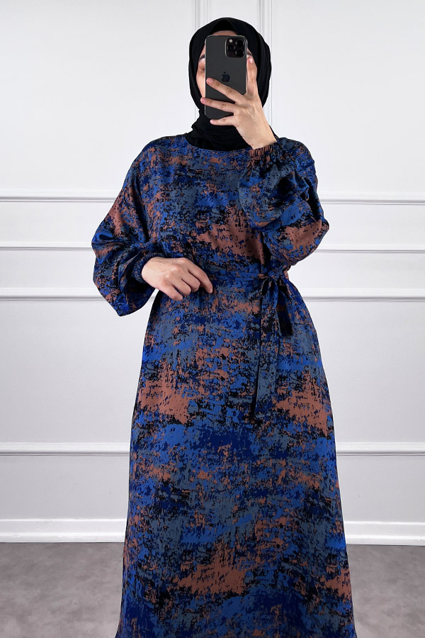 Batik Desenli Elbise - Mavi