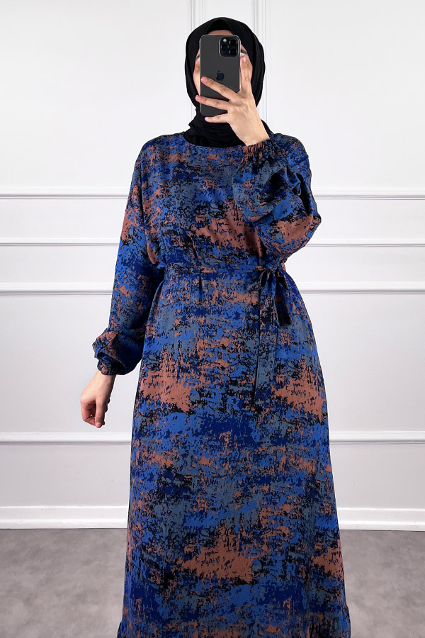 Batik Desenli Elbise - Mavi