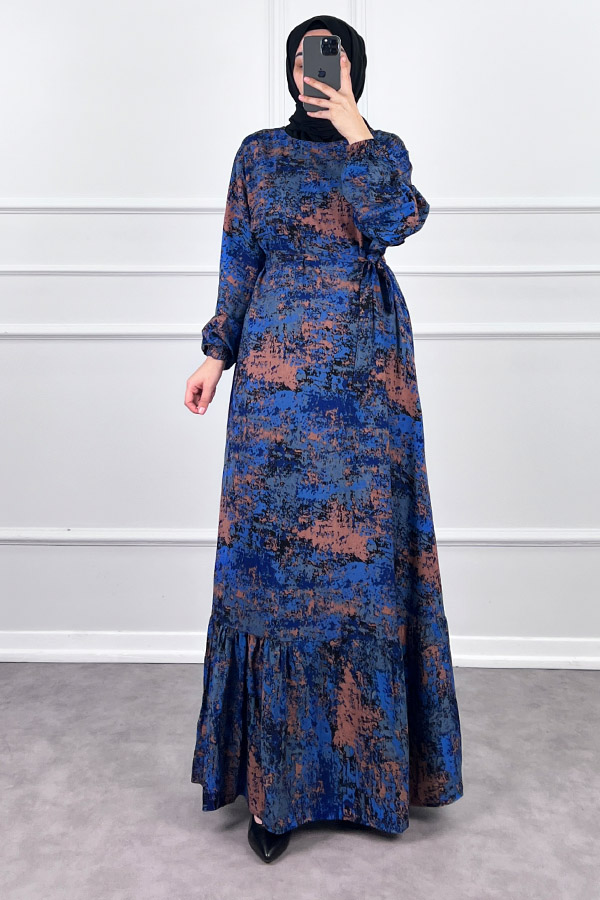 Batik Desenli Elbise - Mavi