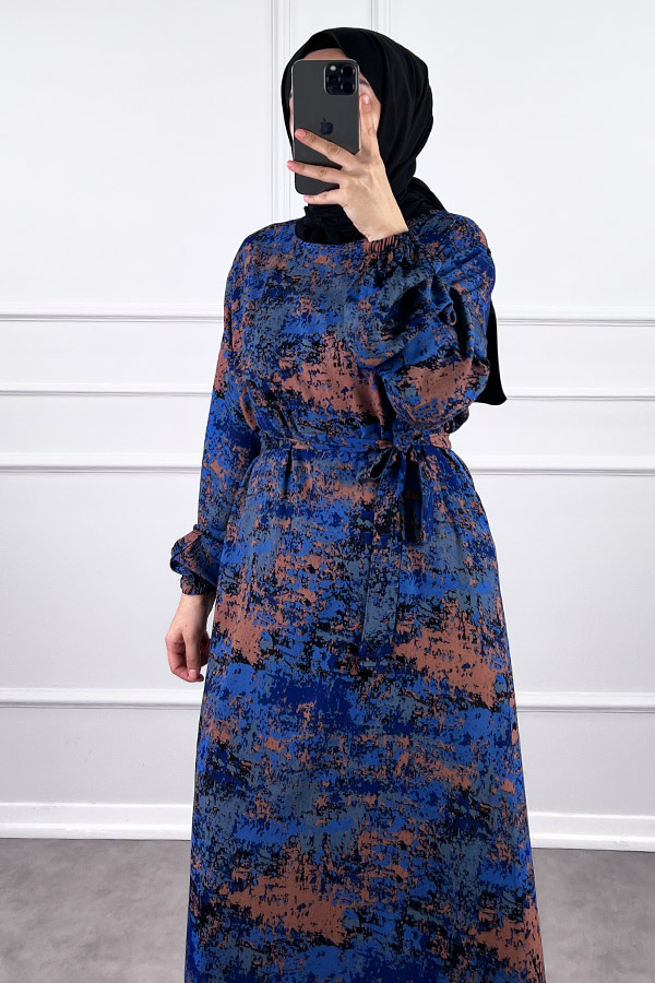 Batik Desenli Elbise - Mavi