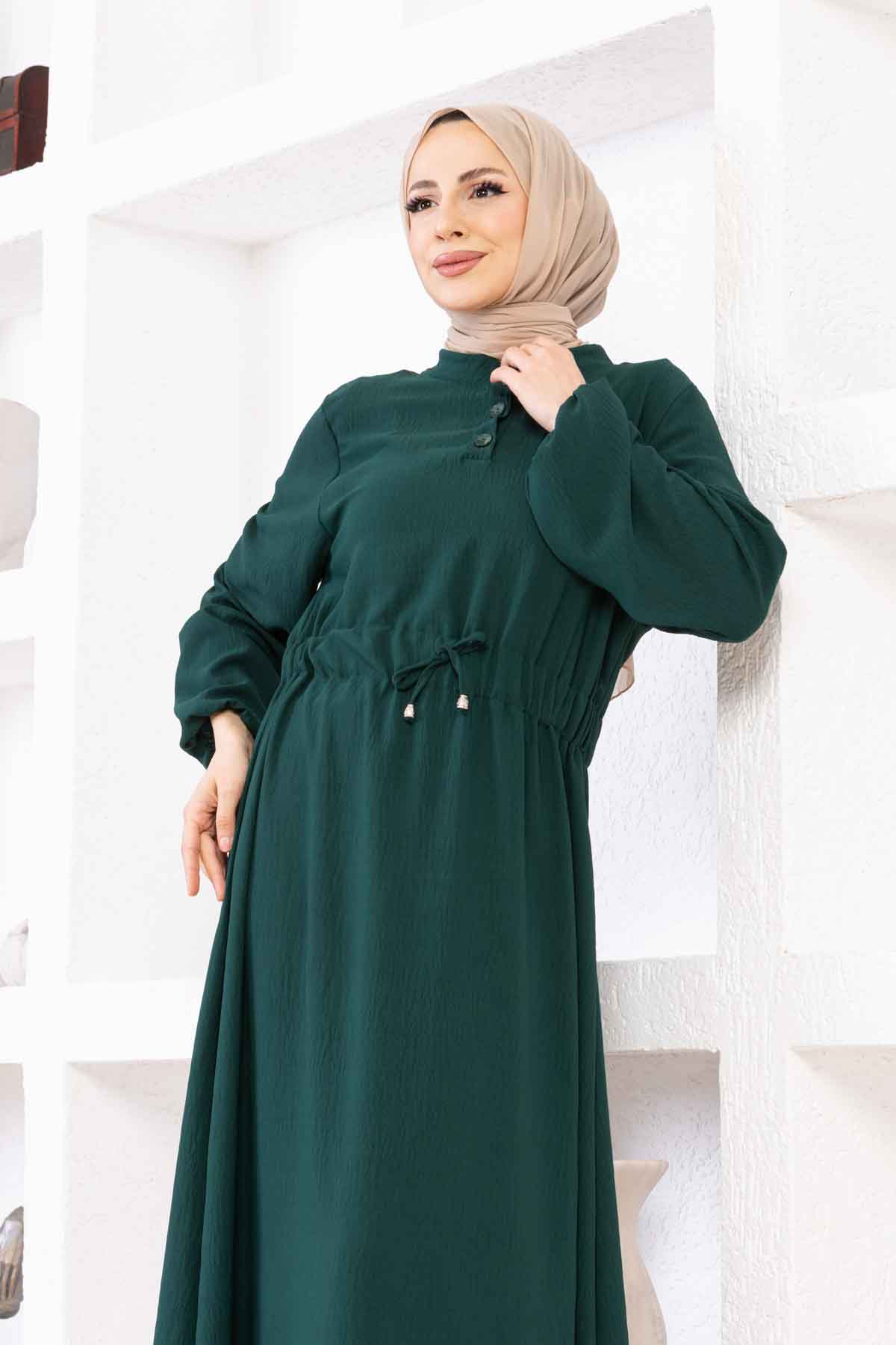 Belden Büzgülü Ayrobin Elbise - Çam Yeşili