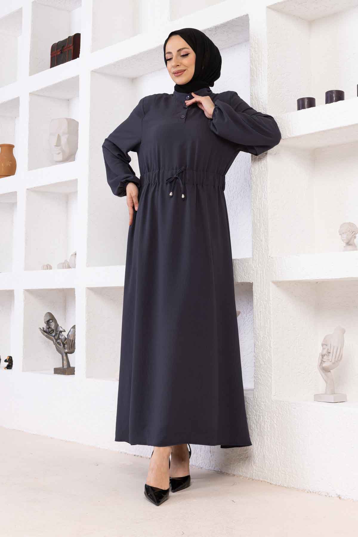 Belden Büzgülü Ayrobin Elbise - Füme