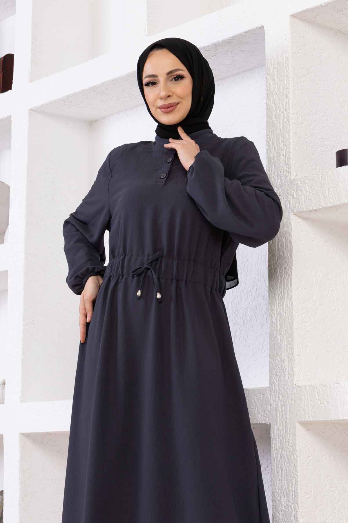 Belden Büzgülü Ayrobin Elbise - Füme