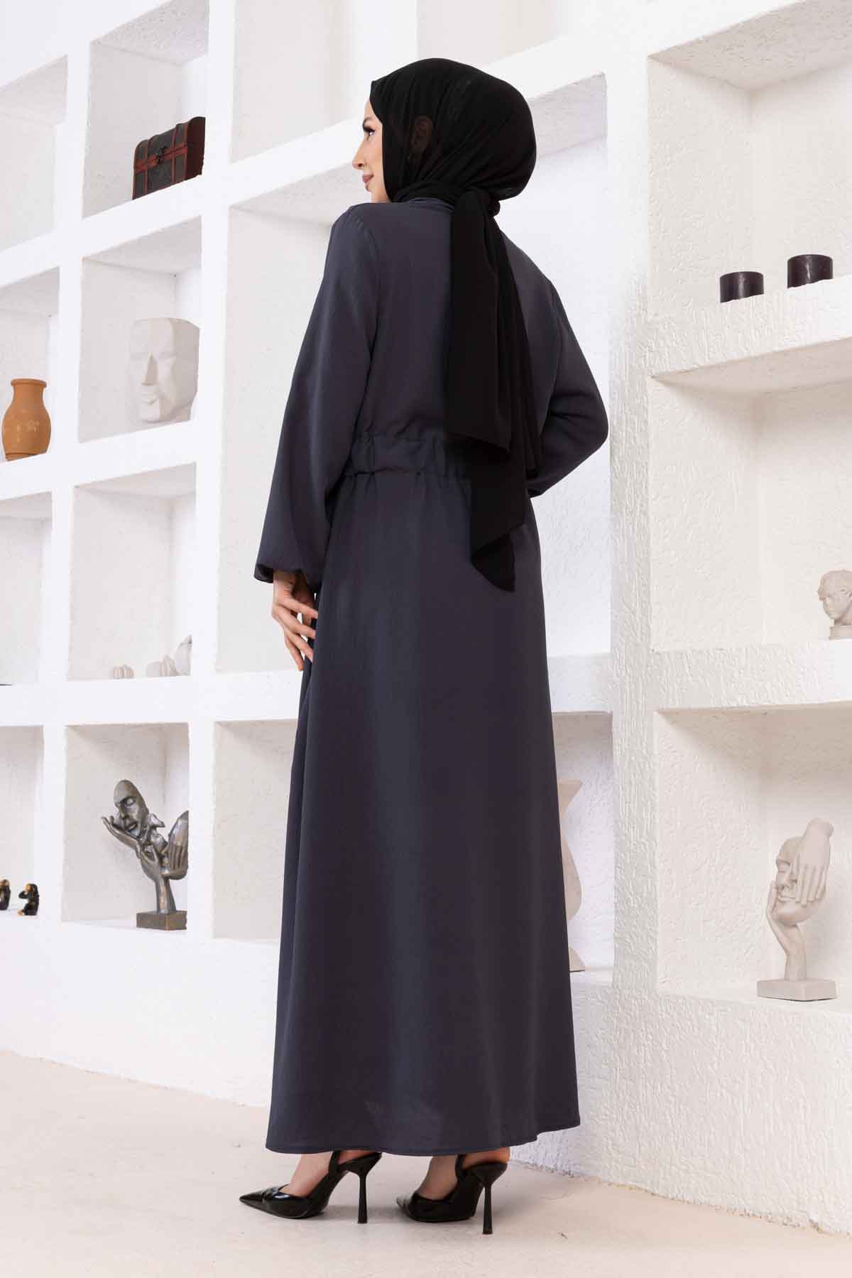 Belden Büzgülü Ayrobin Elbise - Füme