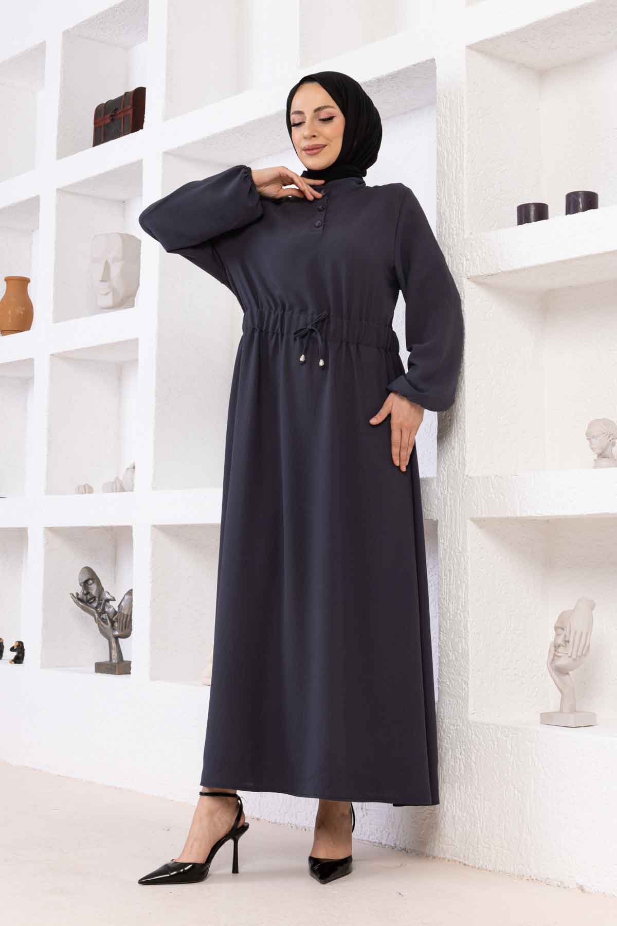 Belden Büzgülü Ayrobin Elbise - Füme