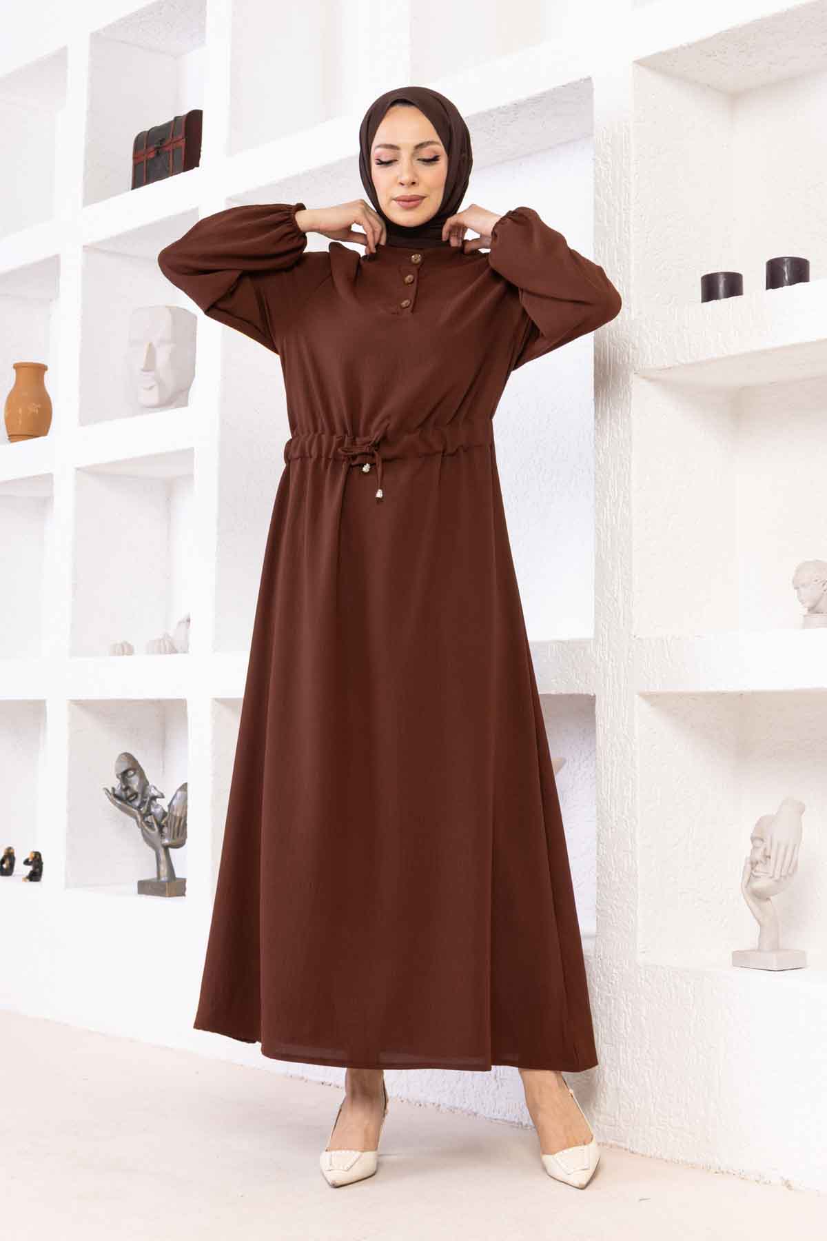 Belden Büzgülü Ayrobin Elbise - Kahverengi
