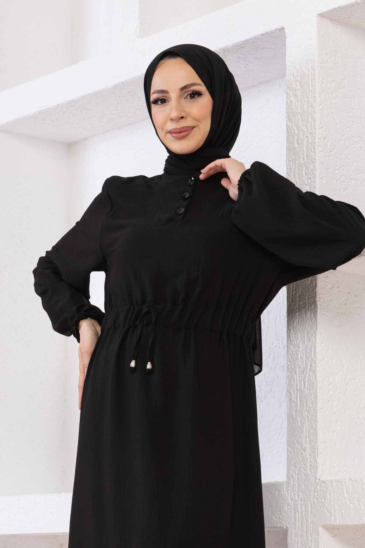 Belden Büzgülü Ayrobin Elbise - Siyah