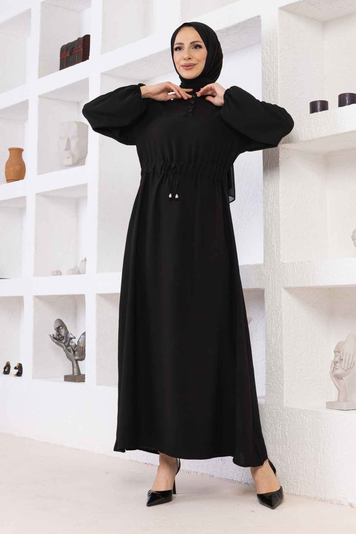 Belden Büzgülü Ayrobin Elbise - Siyah