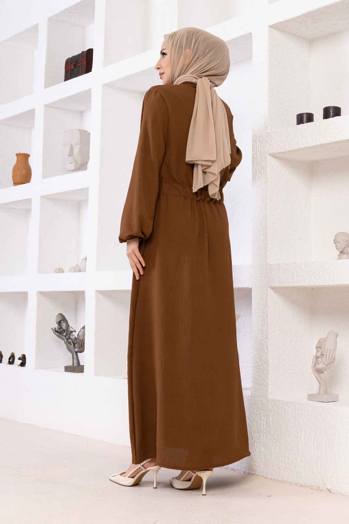 Belden Büzgülü Ayrobin Elbise - Sütlü Kahve