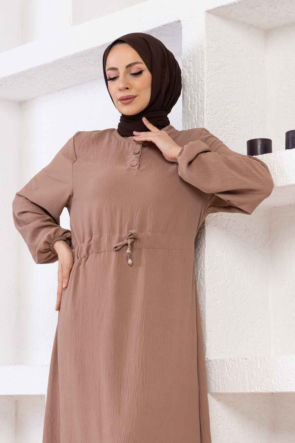 Belden Büzgülü Ayrobin Elbise - Vizon