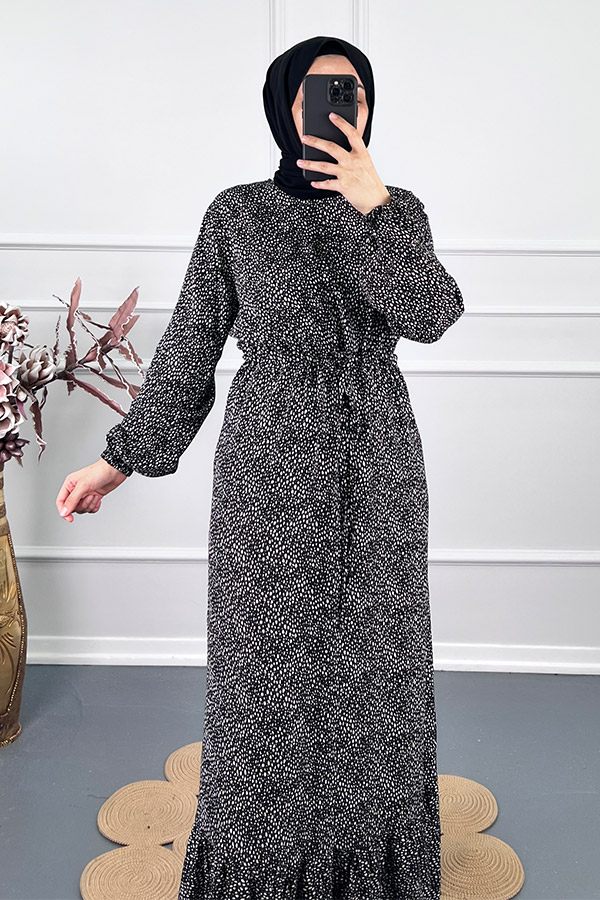 Beli Büzgülü Nokta Elbise - Beyaz