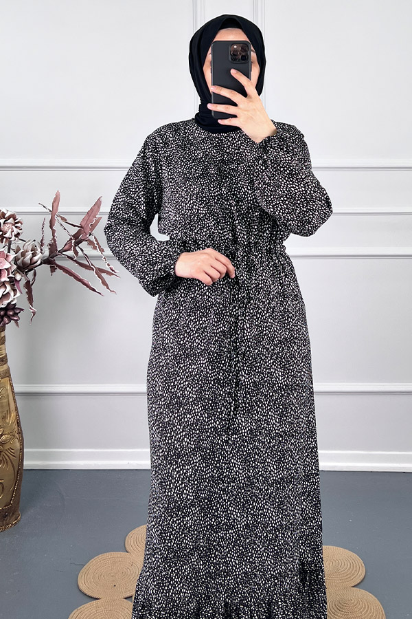 Beli Büzgülü Nokta Elbise - Beyaz