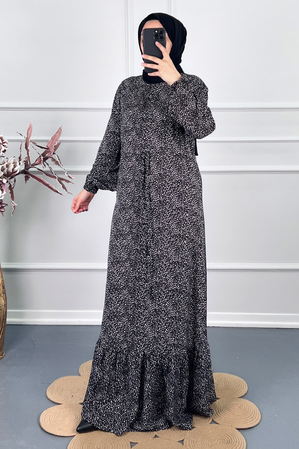 Beli Büzgülü Nokta Elbise - Beyaz