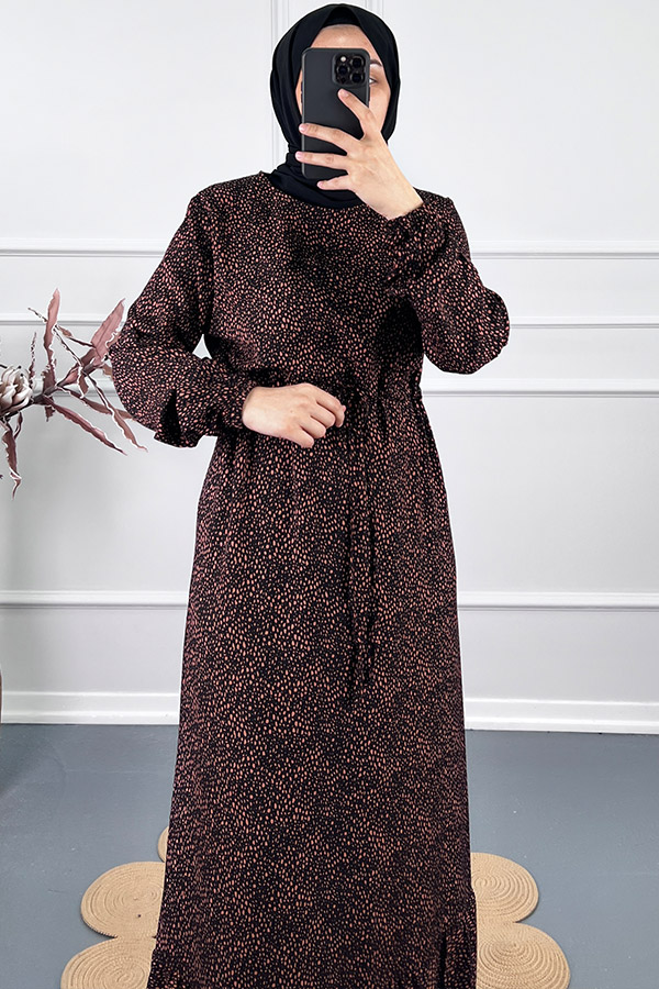 Beli Büzgülü Nokta Elbise - Kiremit