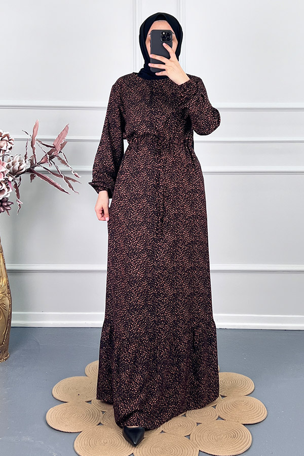 Beli Büzgülü Nokta Elbise - Kiremit