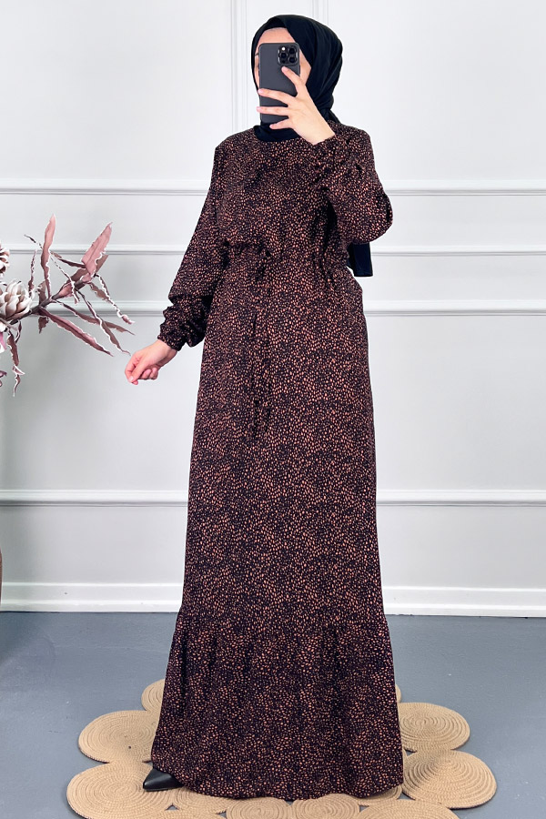 Beli Büzgülü Nokta Elbise - Kiremit