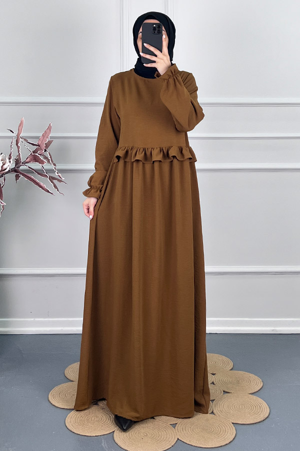Beli Fırfırlı Elbise - Kahverengi