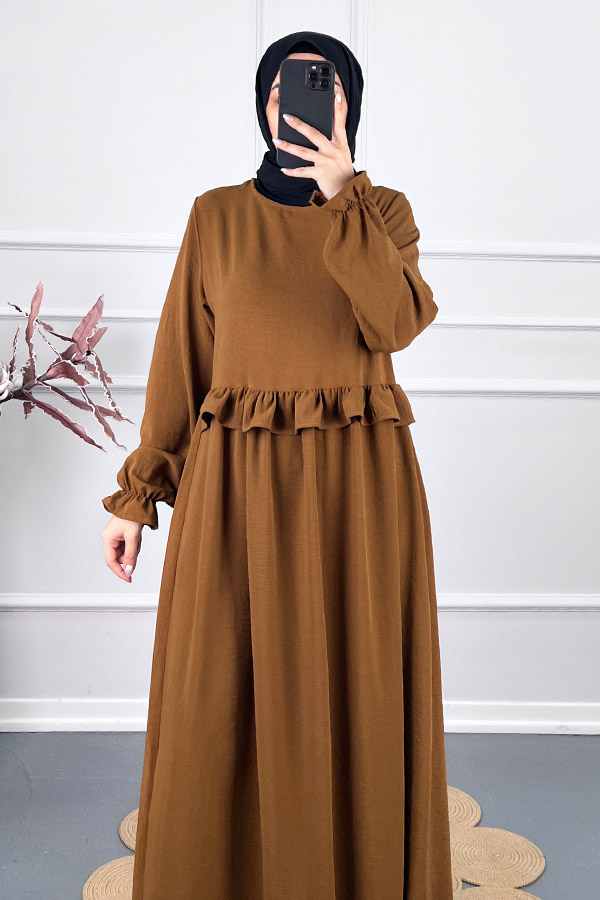 Beli Fırfırlı Elbise - Kahverengi