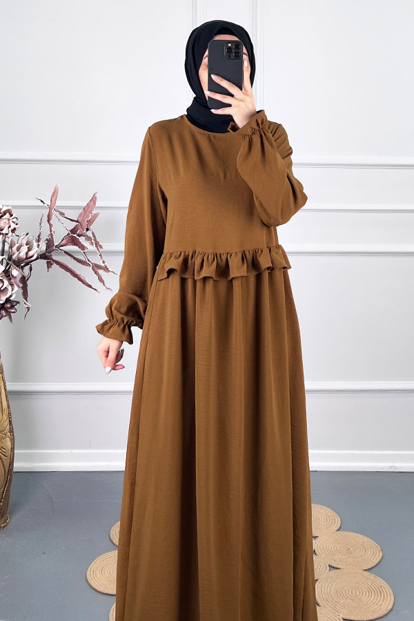 Beli Fırfırlı Elbise - Kahverengi