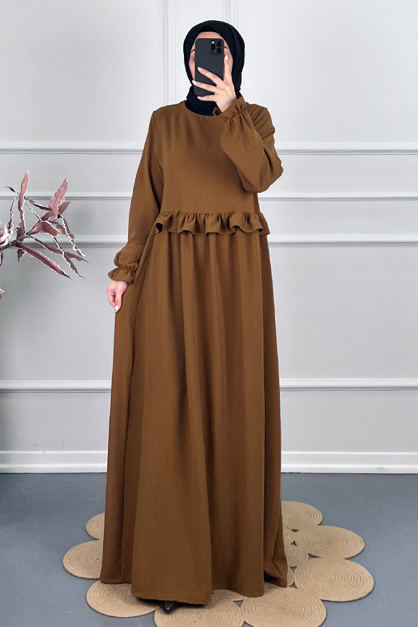Beli Fırfırlı Elbise - Kahverengi