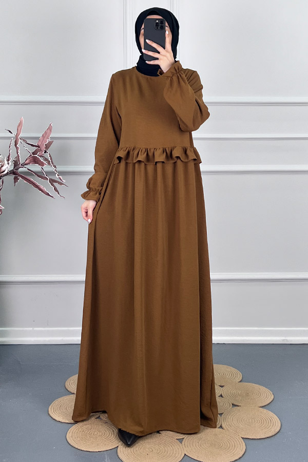 Beli Fırfırlı Elbise - Kahverengi